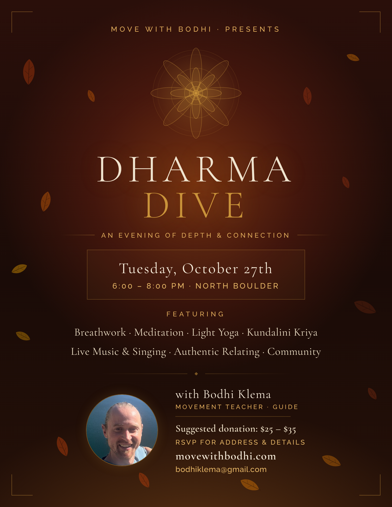 Dharma Dive — Tuesday October 27th, 6–8pm, North Boulder. Suggested donation $25–35.